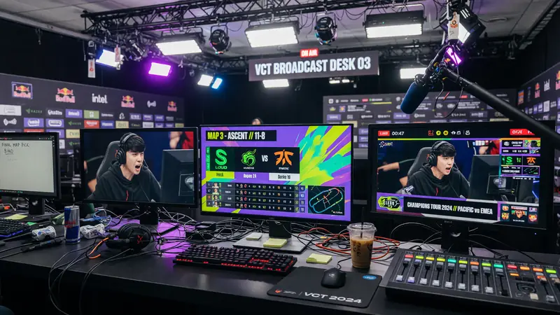 Broadcast desk with multiple monitors showing tournament bracket and minimap