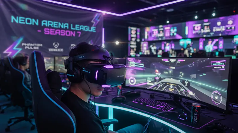 Editorial photograph of an empty professional esports arena stage with tiered seating and vertical LED trusses