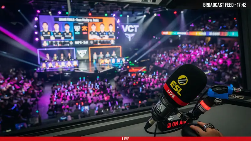 Three-person commentator booth positioned at arena overlook with three monitors and caster headsets