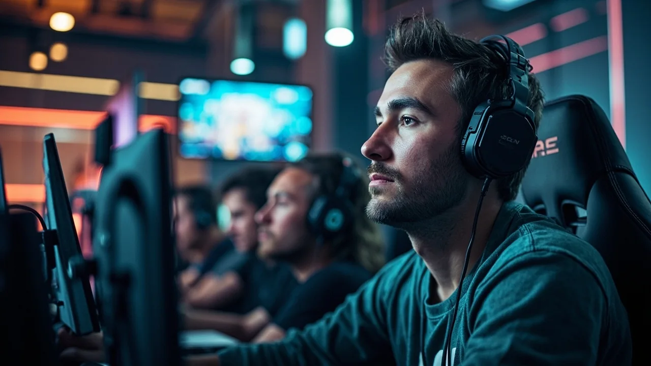 Wide editorial view of a professional esports tournament stage under cool broadcast lighting before a match begins