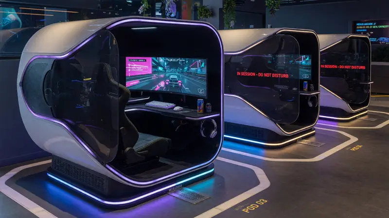 Individual gaming pod station with privacy screens and a single monitor