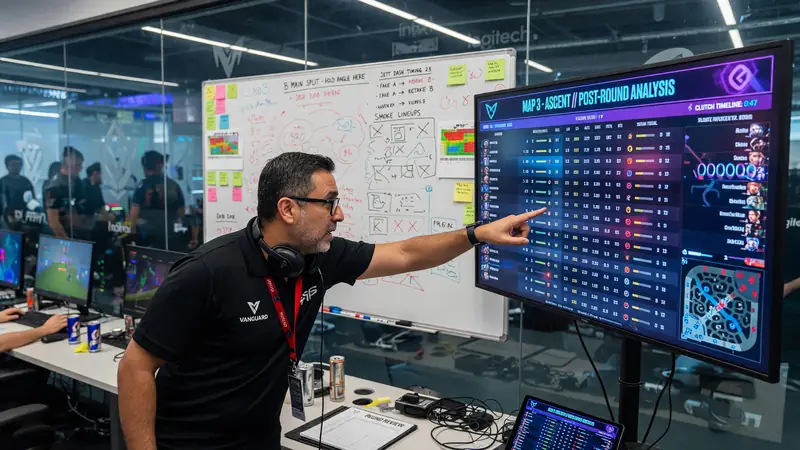 Coaching staff whiteboarding match strategy on a glass wall