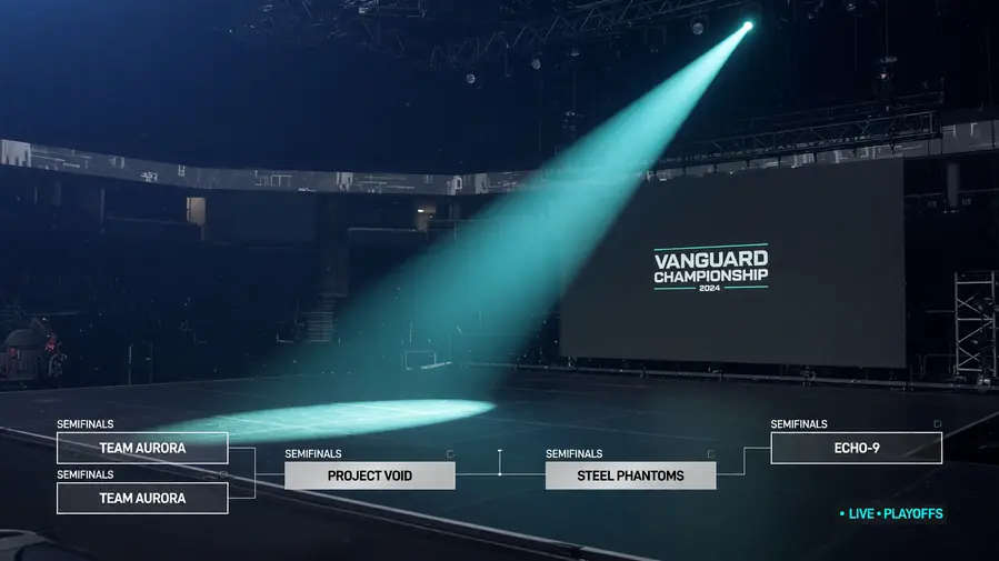 Editorial photograph of professional esports broadcast arena stage