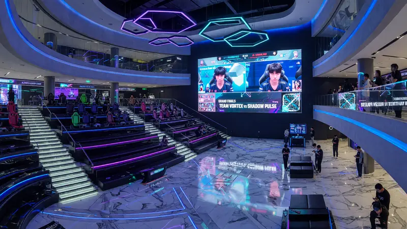 Tournament analyst at a desk with dual monitors displaying statistical sheets and desk lamp lighting