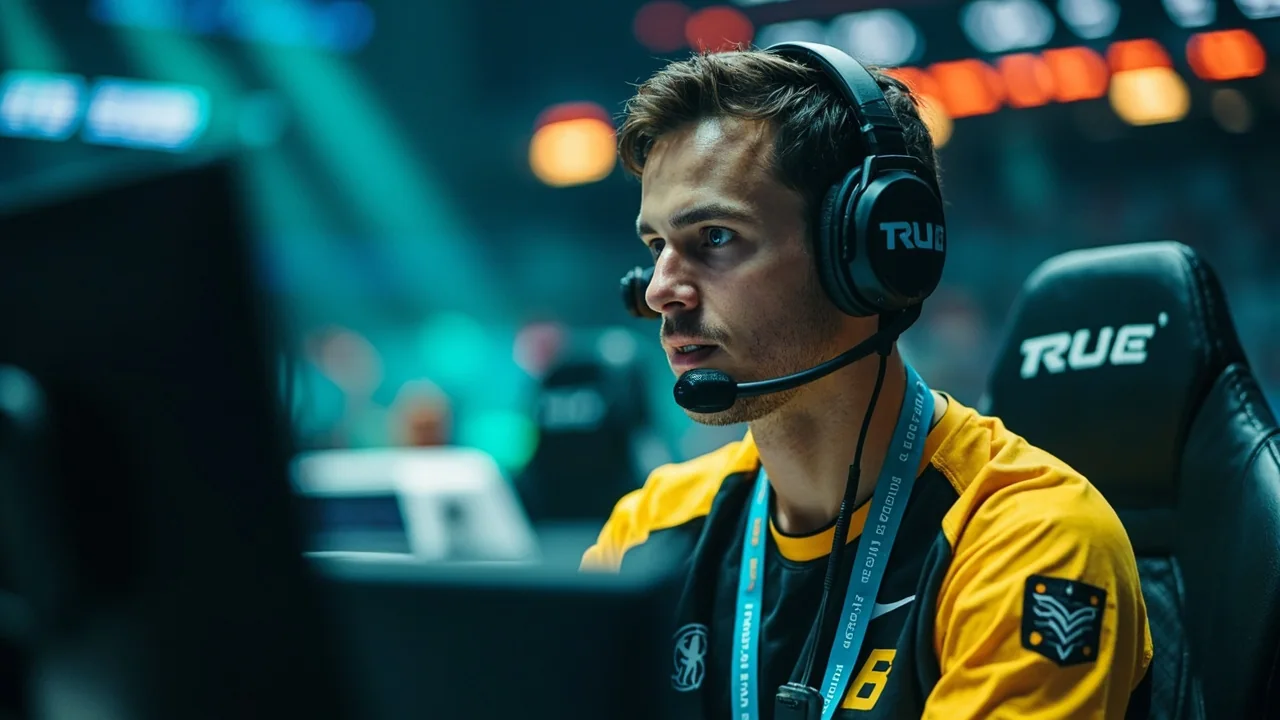 Close editorial frame of an esports player at a desk during a timeout, wearing a headset and looking at a second monitor off-camera